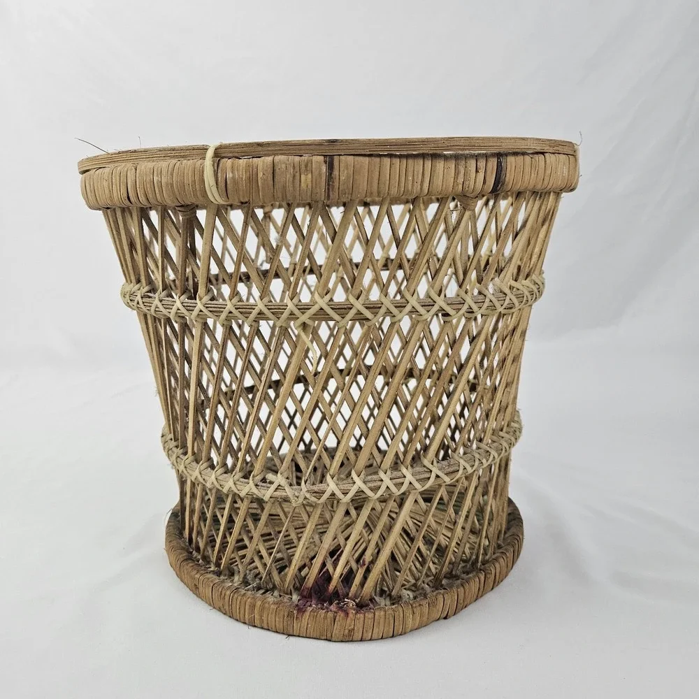 Vintage Boho Wicker Rattan Drum Planter Trash Can Mini Table Mid-Century Modern